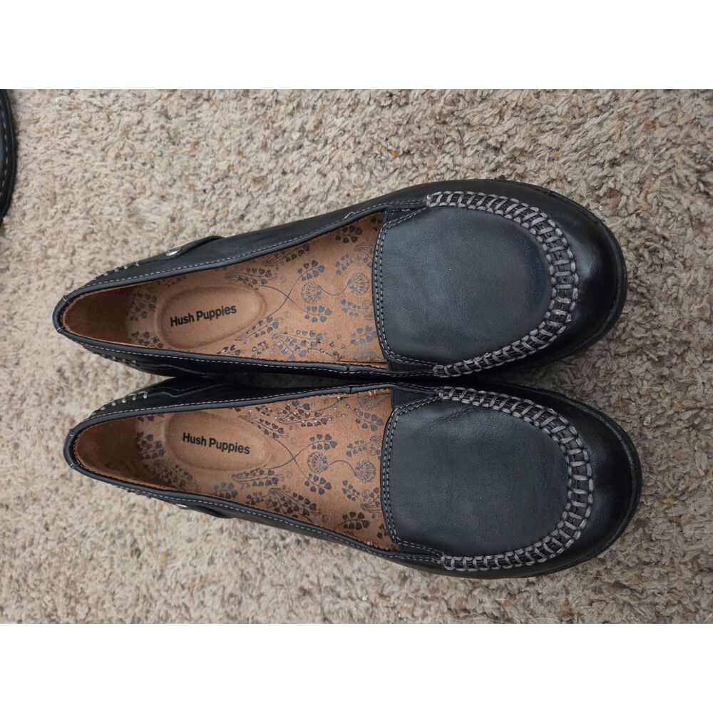 Hush Puppies Women's Black Leather Moc Toe Slip-On Loafers